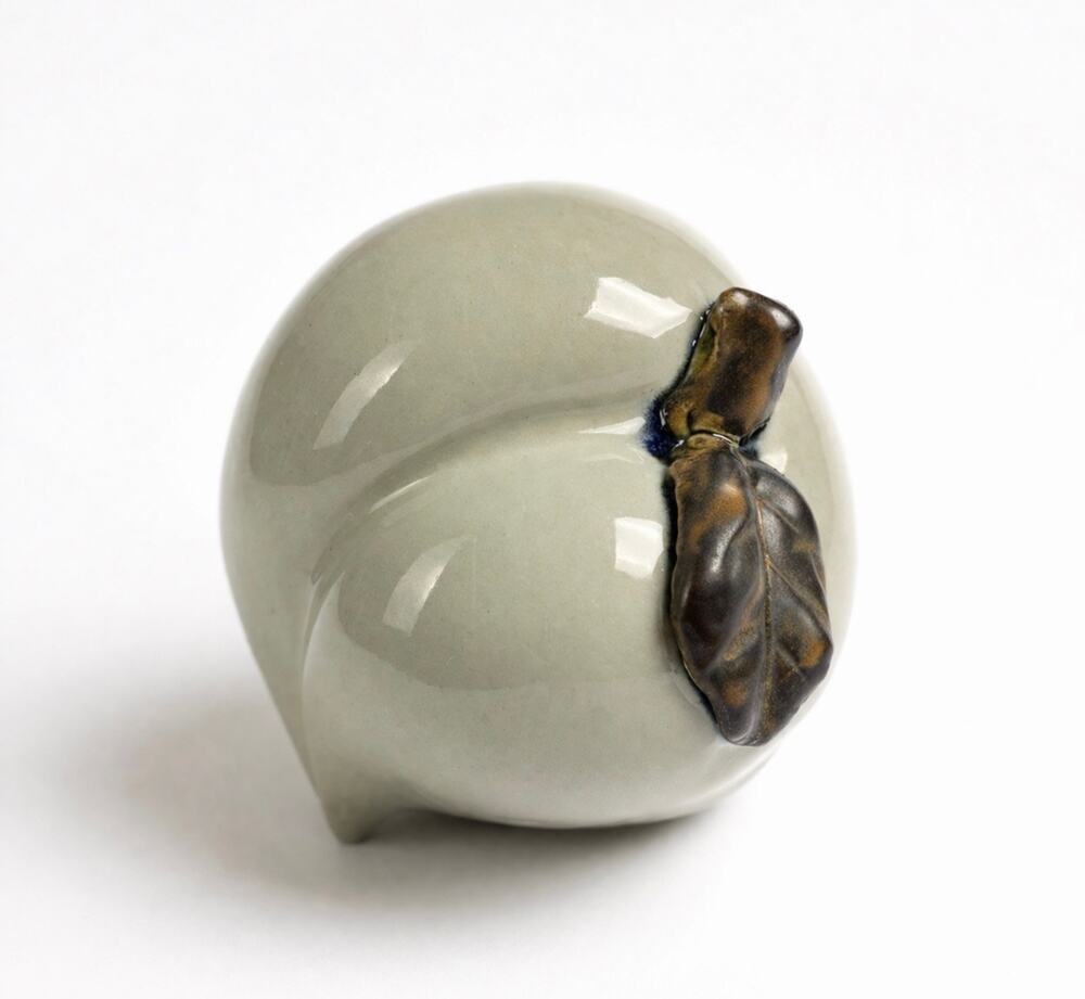 Ceramic Apple Figurine Gray Green Glaze Leaf Accent China Decor